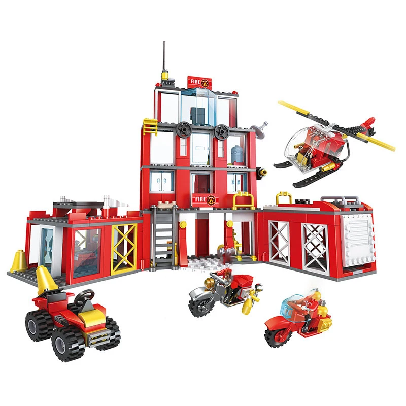 

City Fire Station Model Building Blocks Trucks Car Helicopter Firefighter Figures Man Educational Bricks Children Toy Gifts