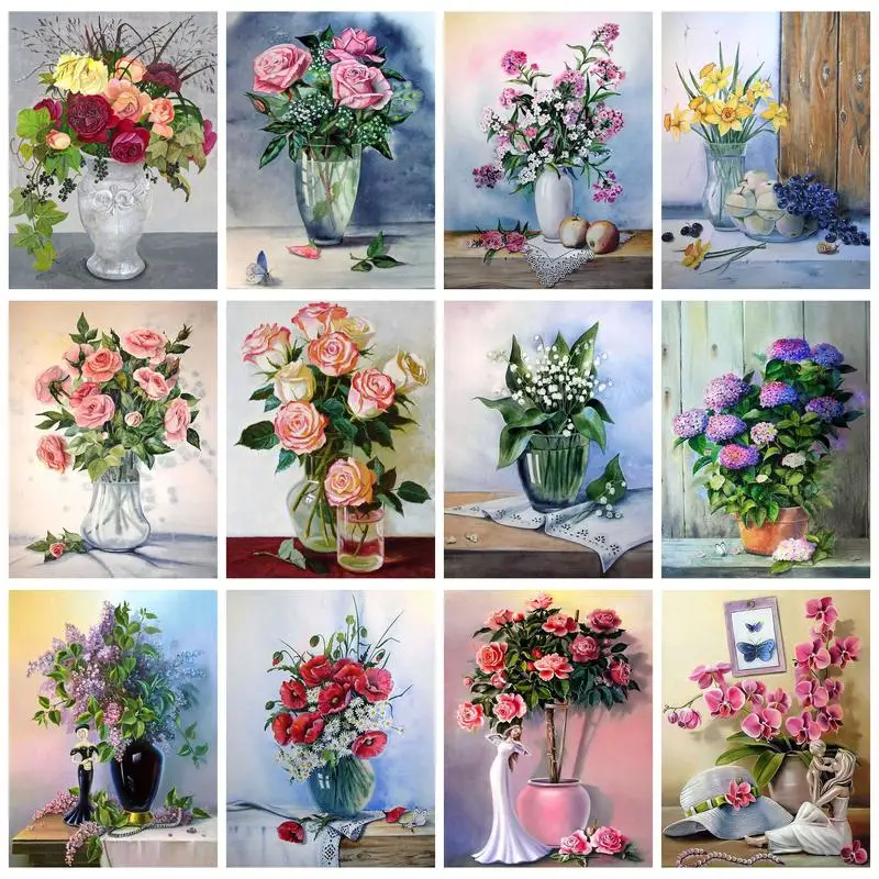 

CHENISTORY DIY Painting By Numbers Kill Time Flower Vase Coloring On Numbers For Adults On Canvas Diy Crafts Wall Decors Pictrue