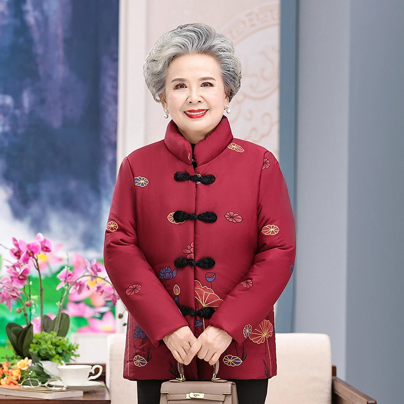 Grandma Winter Jacket Women Plus Velvet Printing Cotton Padded Coat Thicken Short Lamb Jacket Middle-aged Female