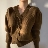 fashion vintage v neck halter long sleeve knitted sweaters sexy women casual winter warm tops ladies female knitwear pullovers