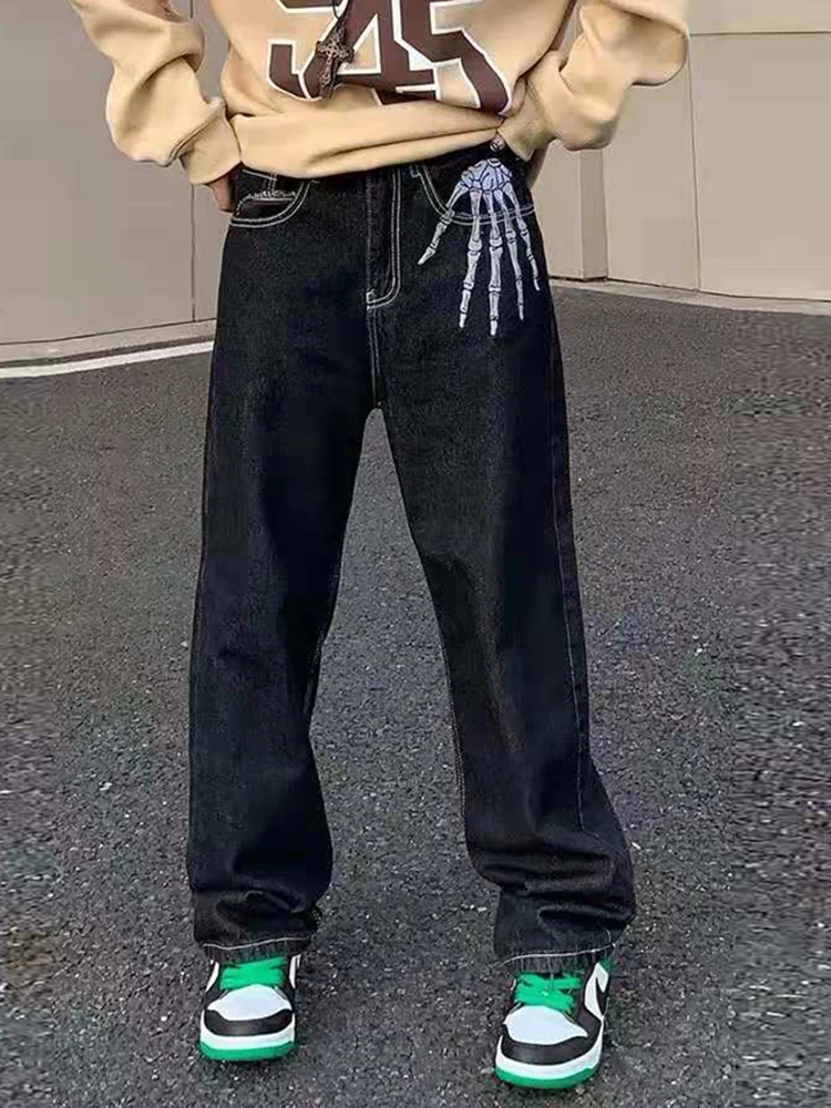 Four Seasons Vintage Skull Hand Embroidered Washed Men Jeans Pants Vibe Style Straight Casual Trousers Streetwear Y2k Pants Men