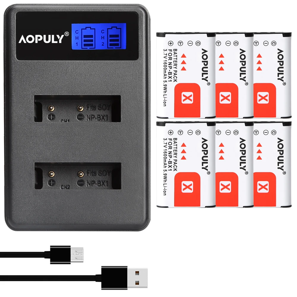 

AOPULY 6 шт. Φ np bx1 аккумулятор + ЖК-зарядное устройство для Sony NP-BX1 IV HX300 WX300 Φ X3000R MV1 AS30V