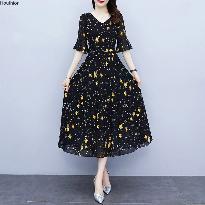 

summer Chiffon Slim Women's dress new dresses fashion Short sleeve A-LINE Mid-length printing houthion Office Lady