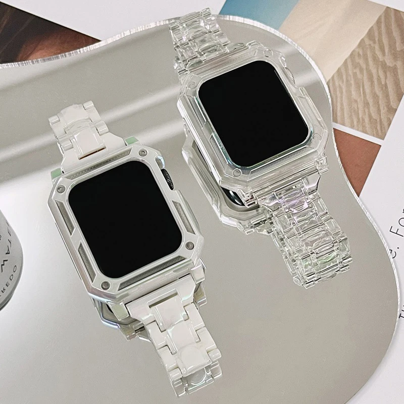 

Resin Case Strap for Apple Watch Band 38/40/41/42/44/45mm Protect Bumper Cover IWatch Serie 8 7/6/5/4/SE Correa For Women Men