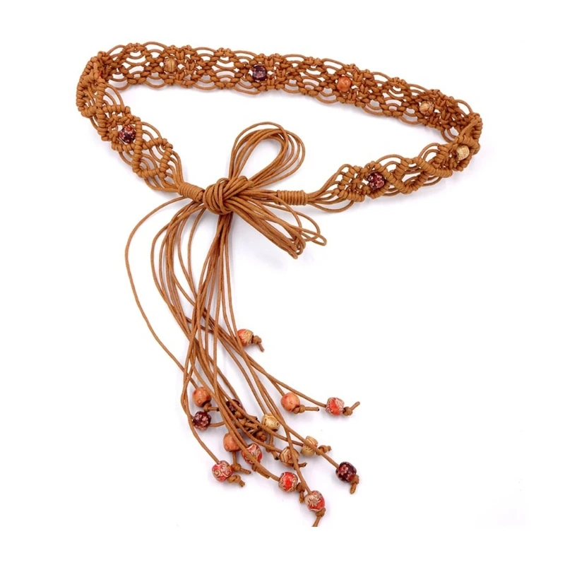 Self-Tie Waist Belt for Women Seaside Braided Dress Belt with Tassels&Beads
