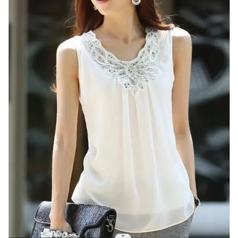 Женская шифоновая кружевная блузка без рукавов