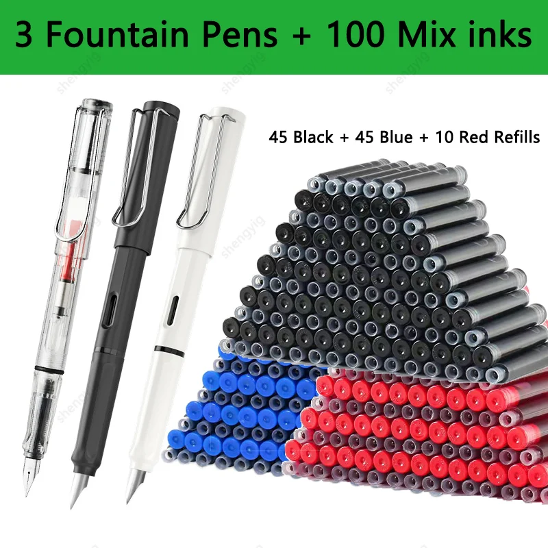 

103 Pcs Kawaii Fountain Pen Replaceable Ink Set Black/Blue/Red ink EF 0.38mm School Pens Office Supplies Stationery for Writing