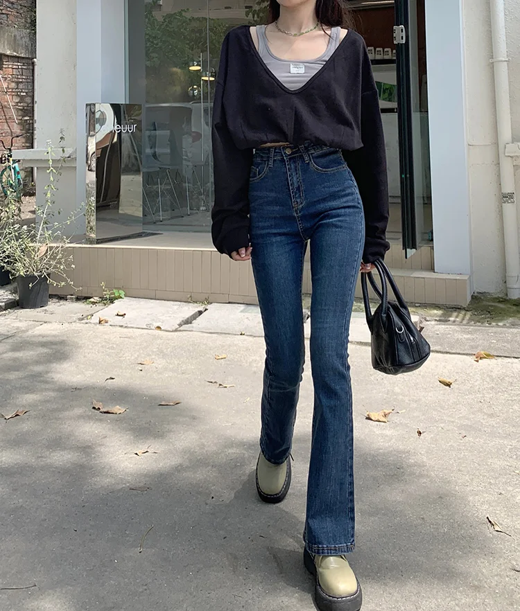 

N5109 New high waist slim fit elastic flared pants long pants jeans