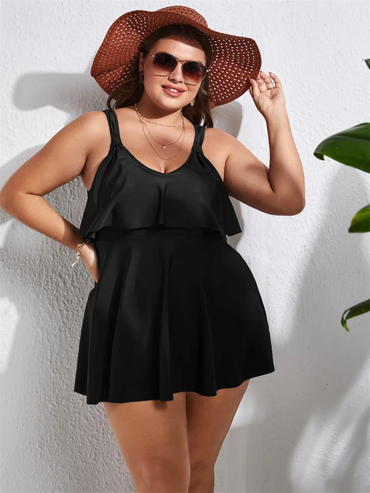 

2024 Tankini Plus Size Swimwear Women Swimming Dress One Piece Swimsuit Bikinis Solid Ruffle Conservative Beachwear Bathing Suit