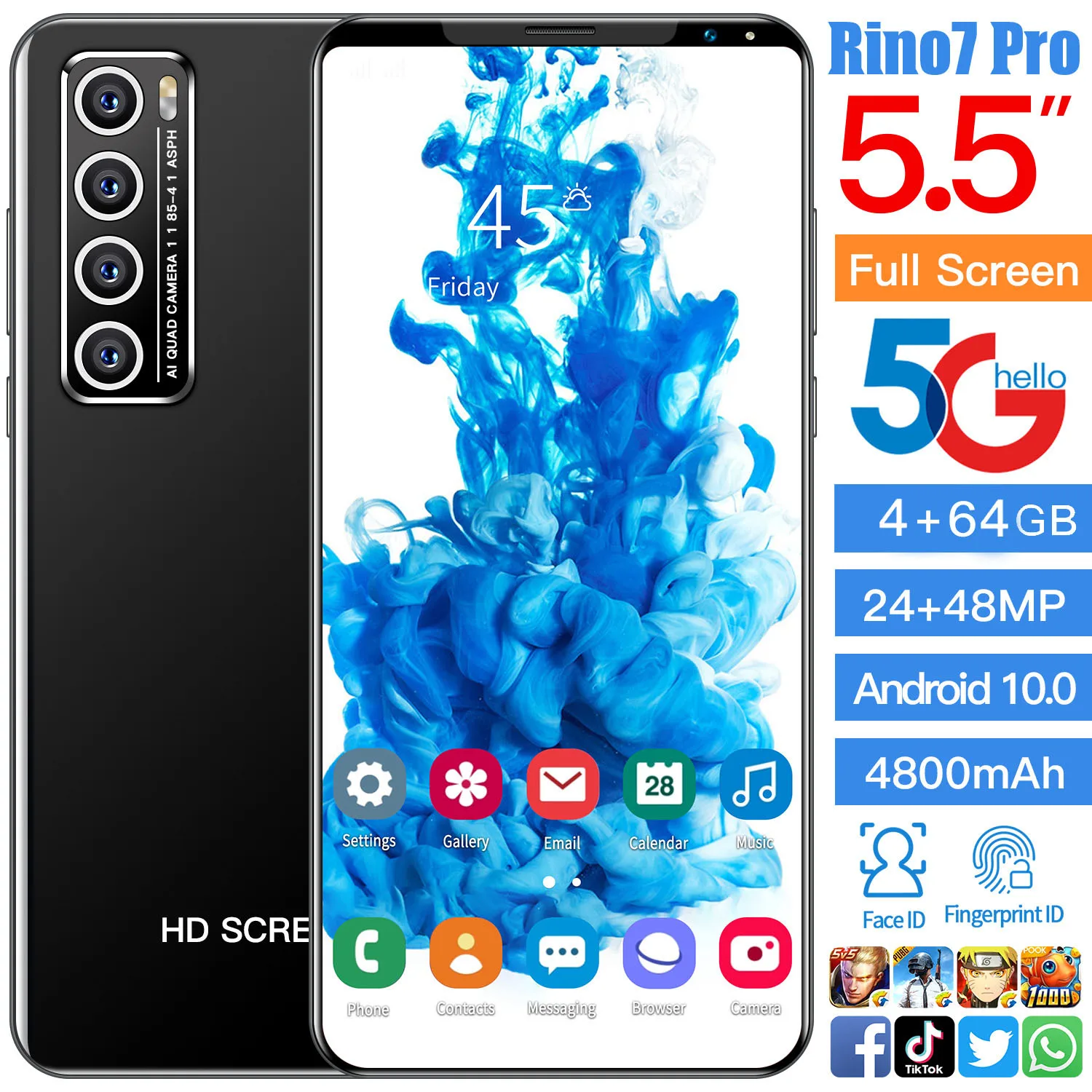 

RINO7 Pro 5.5 Inch Smartphone 4G+64G 10 Core Version Full Screen 4800mAh 24+48MP Dual SIM Cellphones Celular 5G Phone