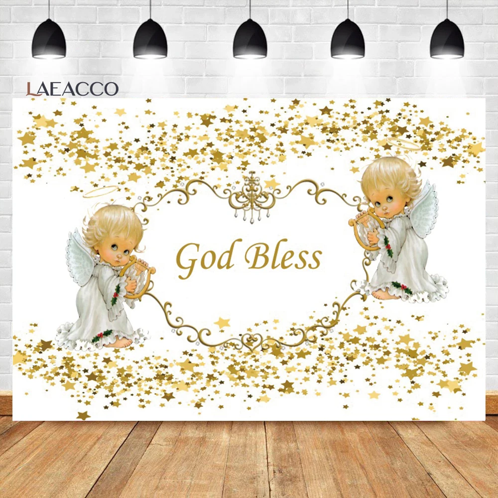 

Laeacco God Bless Photo Background Gold Star Cute Angel KidsBaptism Baby Shower Newborn Portrait Customized Photography Backdrop