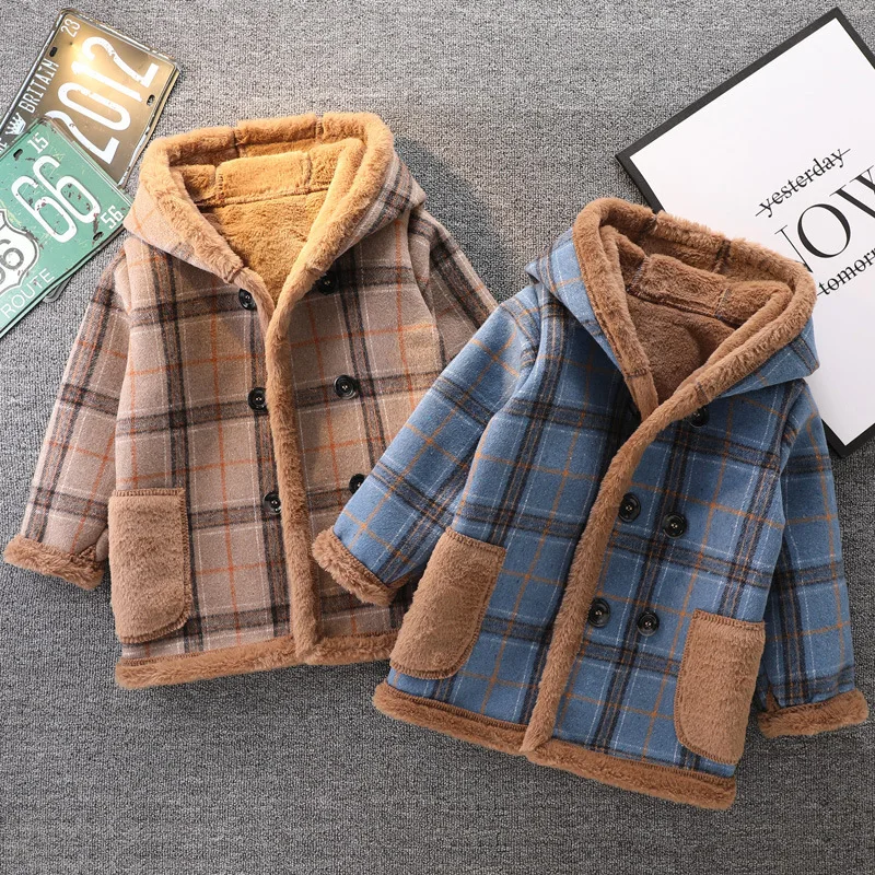 

Winter Kids Fleece Plaid Coat Boys Long Sleeve Outerwear 1-8Y Young Children Clothes Autumn Girls Thick Warm Hooded Jackets 2022