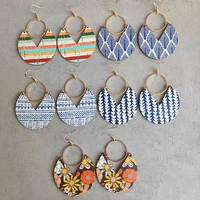 geometric pattern print circle wood earrings for women colorful stripe blooming flower wooden statement earrings accessories