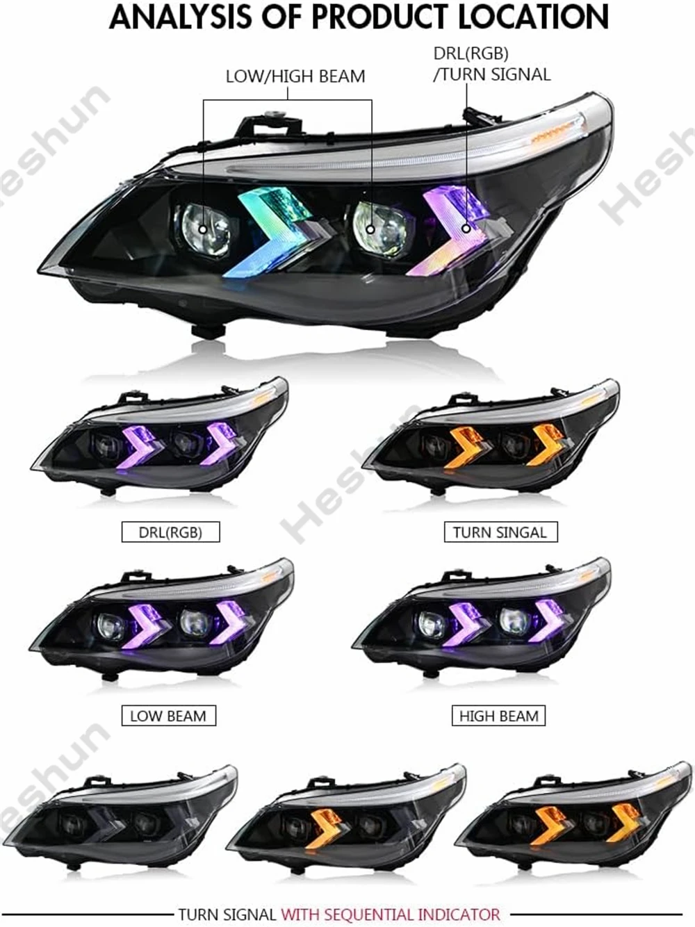 Пара светодиодных фар для BMW E60 E61 M5 5-Series 525i 528i 530i 540i 2003-2010 гг., передние фары, указатели поворота, DRL, фары (art.: 3920cfb499bec) - 3920cfb499bec
