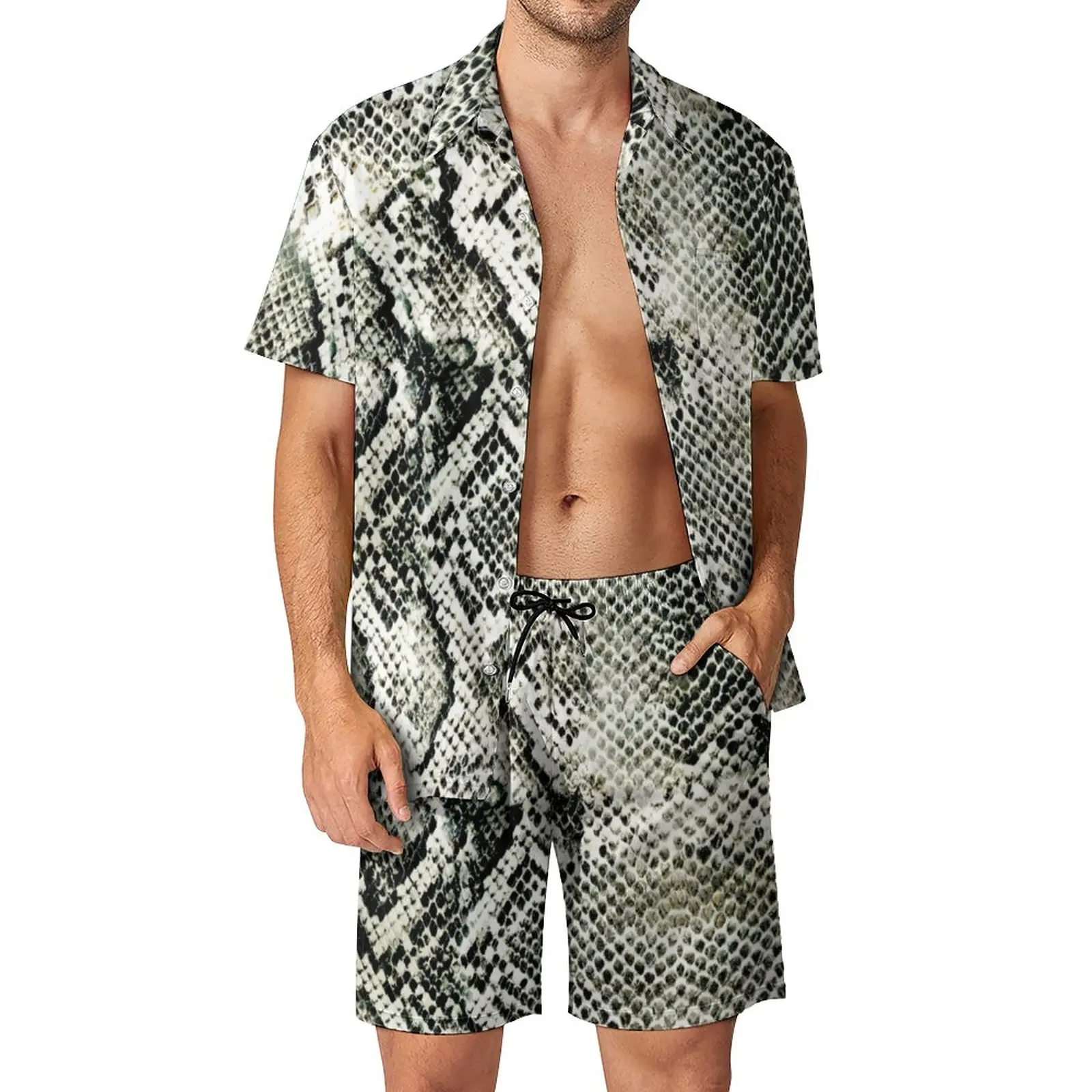 

Модные мужские комплекты из змеиной кожи, белый винтажный повседневный комплект рубашки с принтом змеиной кожи, шорты с коротким рукавом, л...