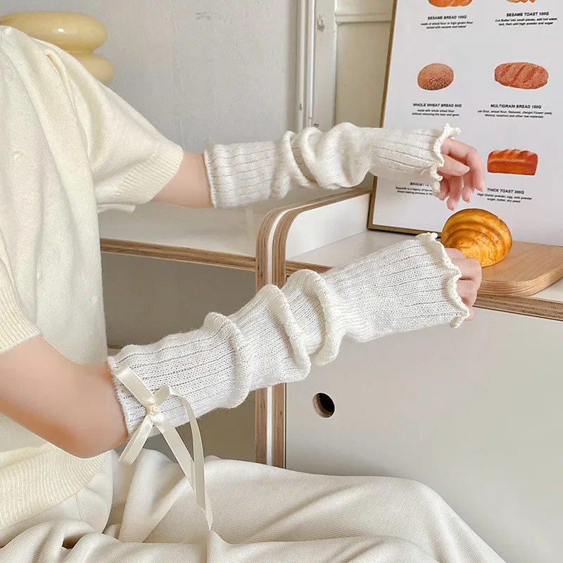 Женские гетры в полоску с бантом осенние и зимние вязаные шерстяные носки