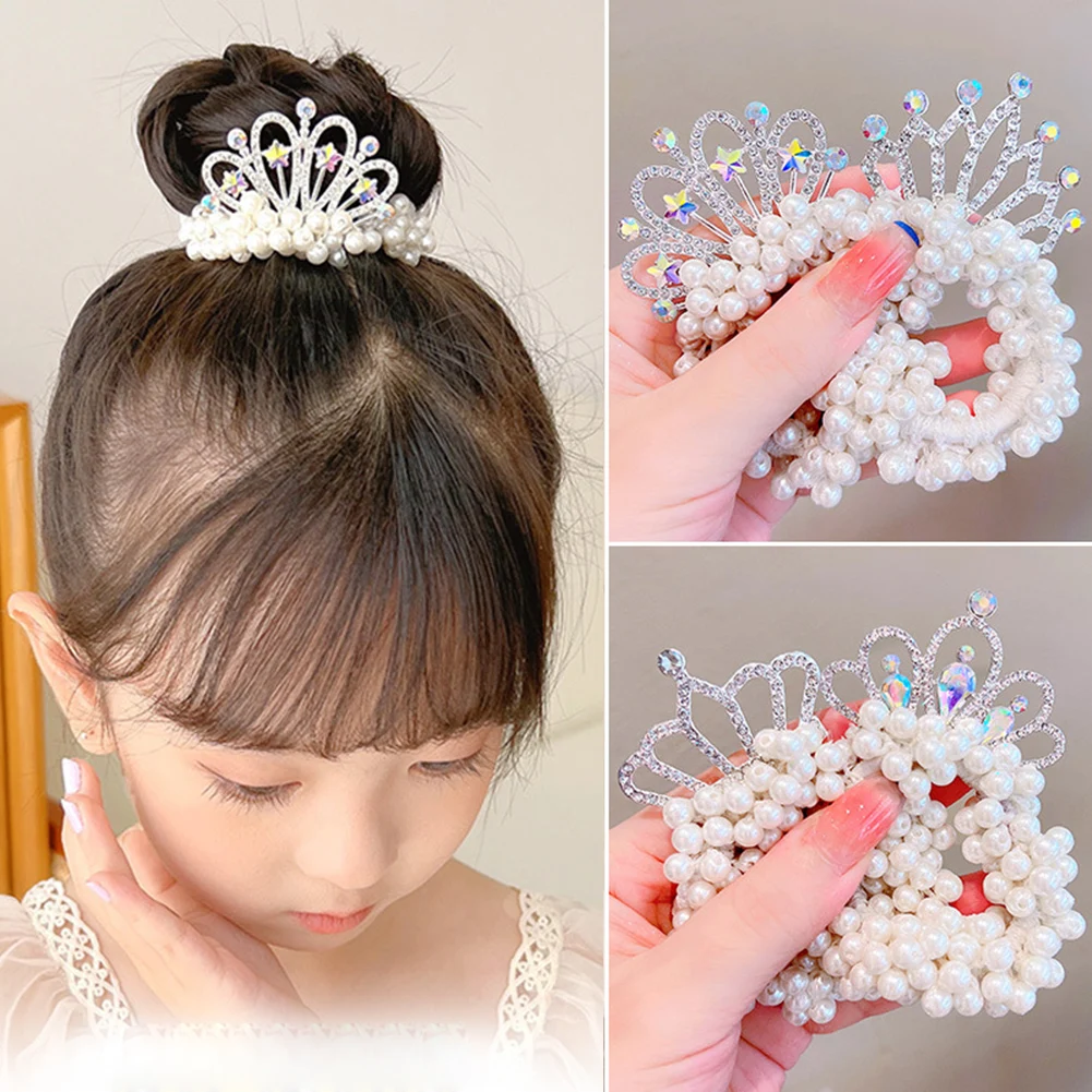 

Crown Tiara Pearl Hair Ties Beads Girls Scrunchies Rubber Bands Ponytail Holders Hair Accessories Elastic Hair Band 2022 New