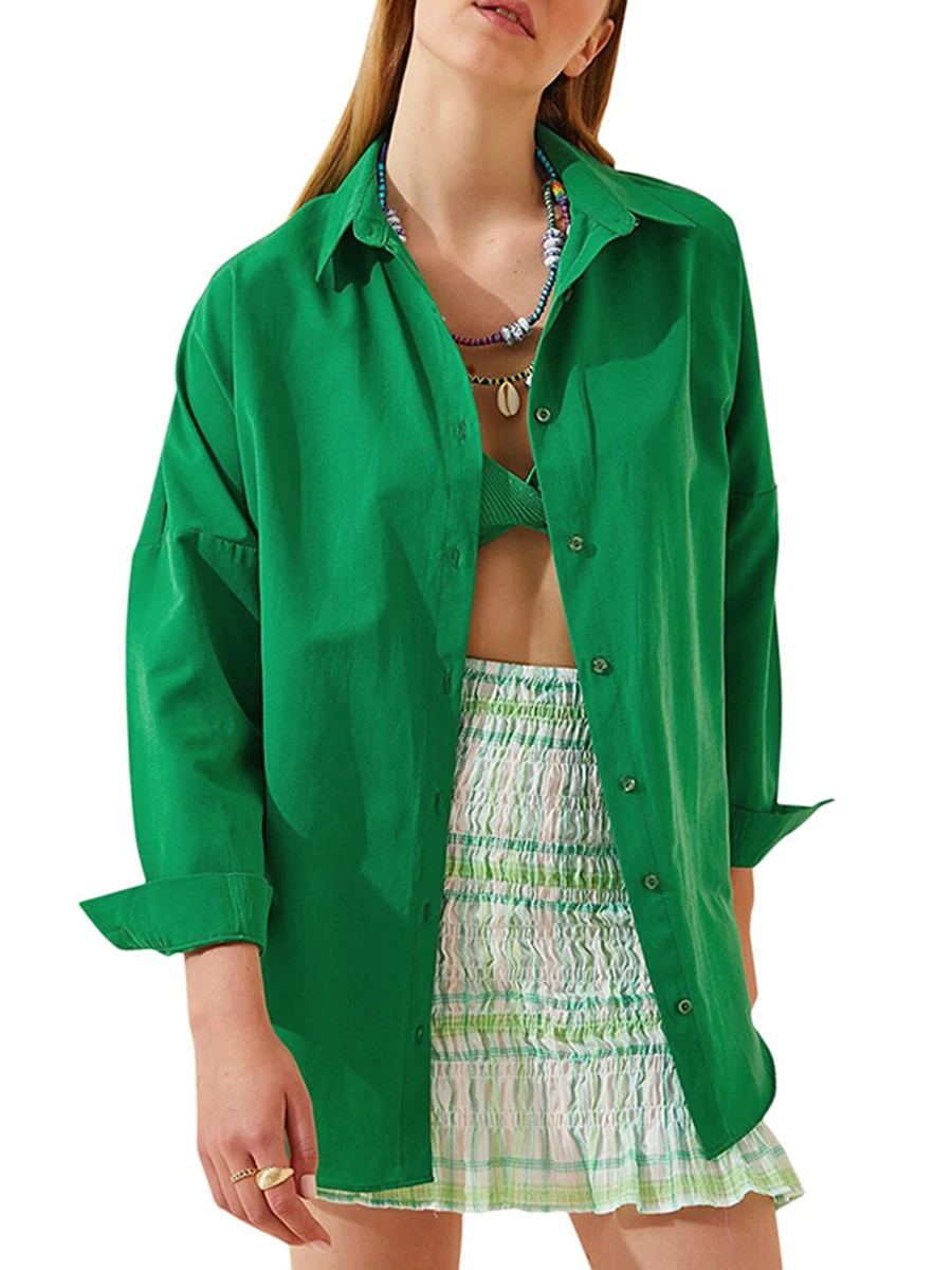 

Женская рубашка с длинным рукавом, отложным воротником и пуговицами, однотонная блузка, топы для повседневного ношения