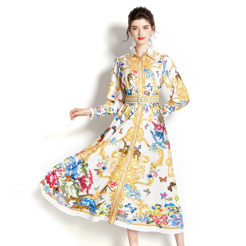 

Women's Lantern Sleeve Midi Shirt Dresses Autumn Runway Single Breasted Vintage Flower Print Lady Casual Vacation Dress Belted