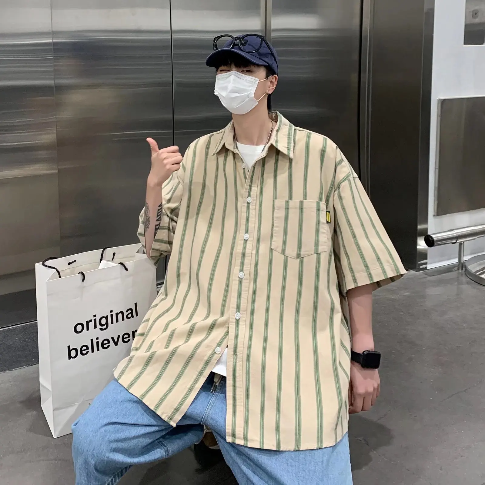 

Japanese retro striped short-sleeved shirt men's summer tide brand trend lazy wind loose casual couple shirt jacket