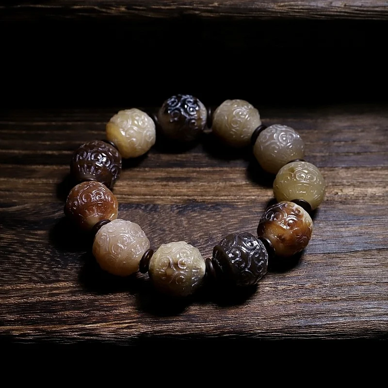 

Natural Tibet Yak Skull Beads Bracelet Men Hand Carved Horn Evil Spirits Bracelet Women Fret Beads