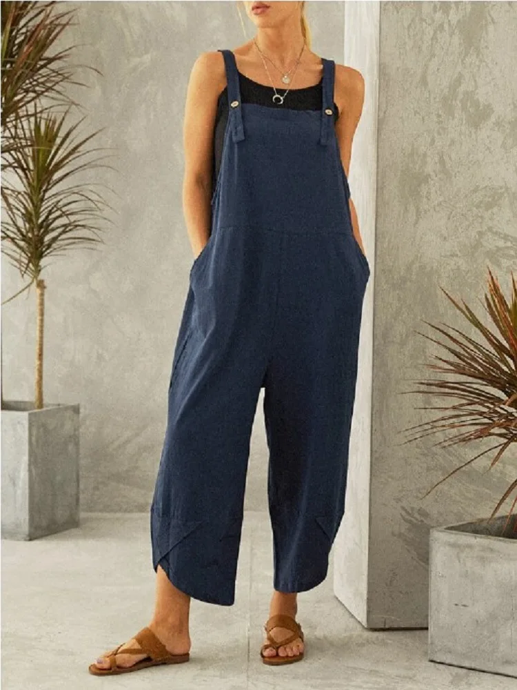 

2023 Women's Solid Color Fashionable Casual Pocket Nine-point Overalls Women Pants Streetwear Women