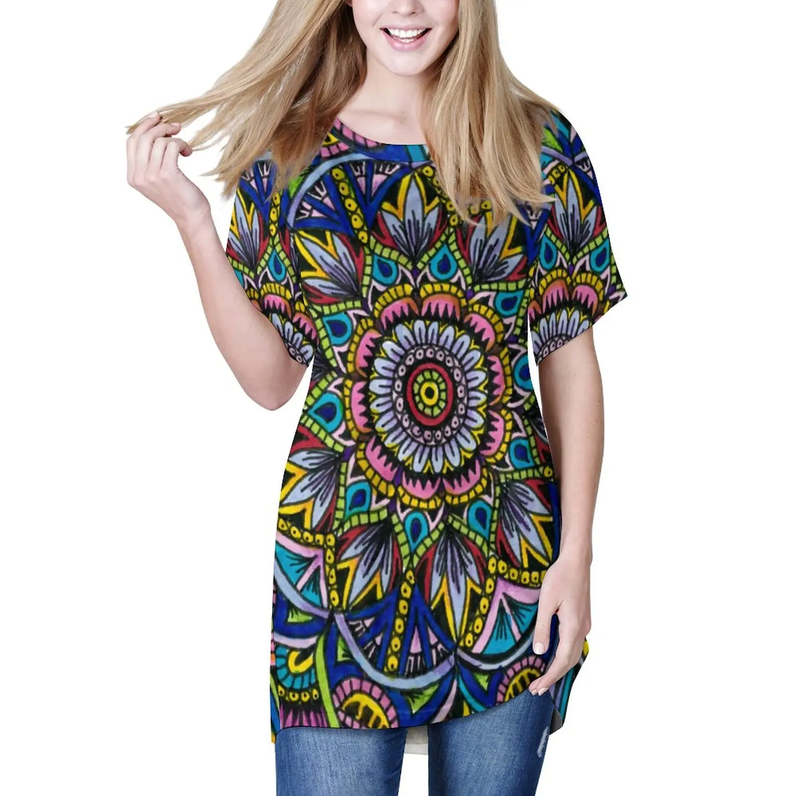 

Summer Mandala T Shirt Retro Floal Print Vintage T-Shirts Short Sleeve Street Style Long Tshirt Beach Print Top Tees Big Size