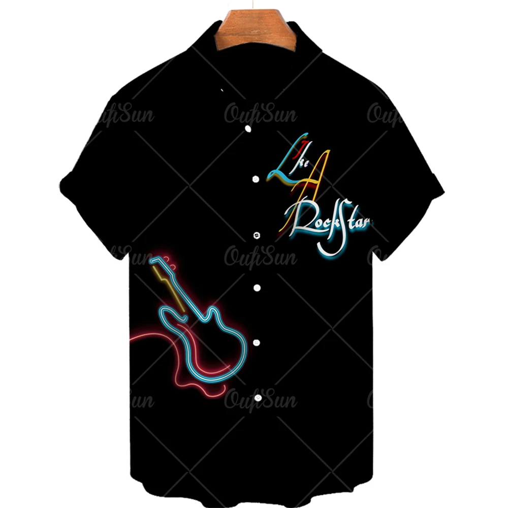 

Men's ethnic short-sleeved casual music print Hawaiian shirt top Men's shirt loose plus size top direct sales 2022