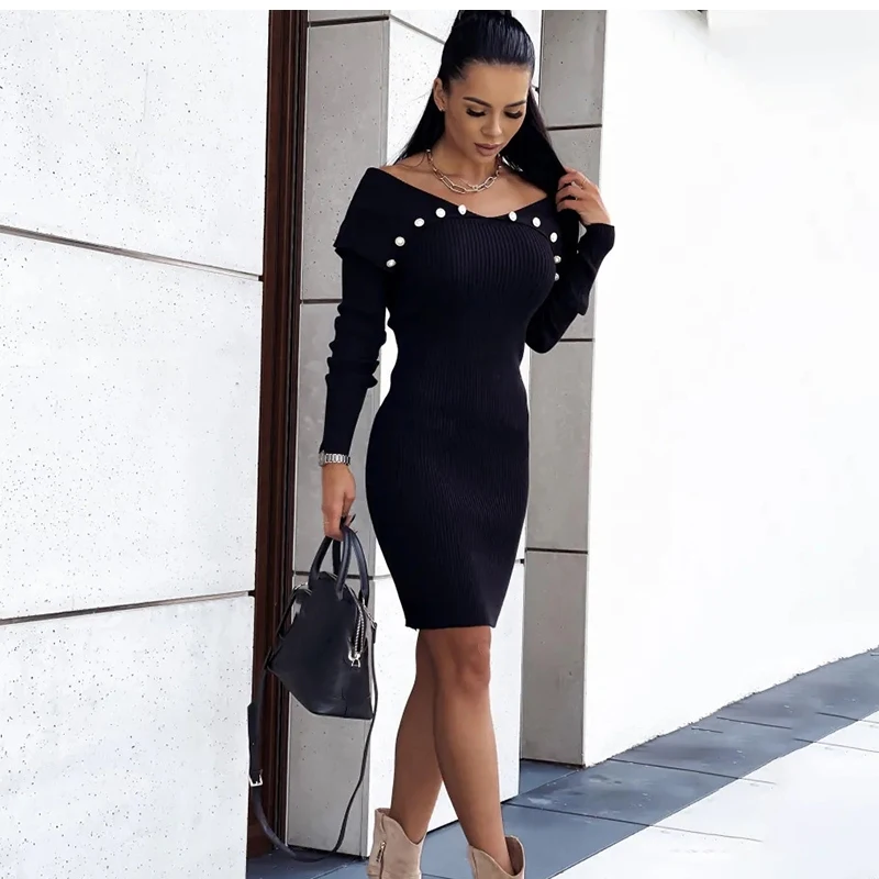 

Осенне-зимнее черное мини-платье, новинка 2021, модные повседневные облегающие элегантные вечерние платья на пуговицах с длинным рукавом для ...