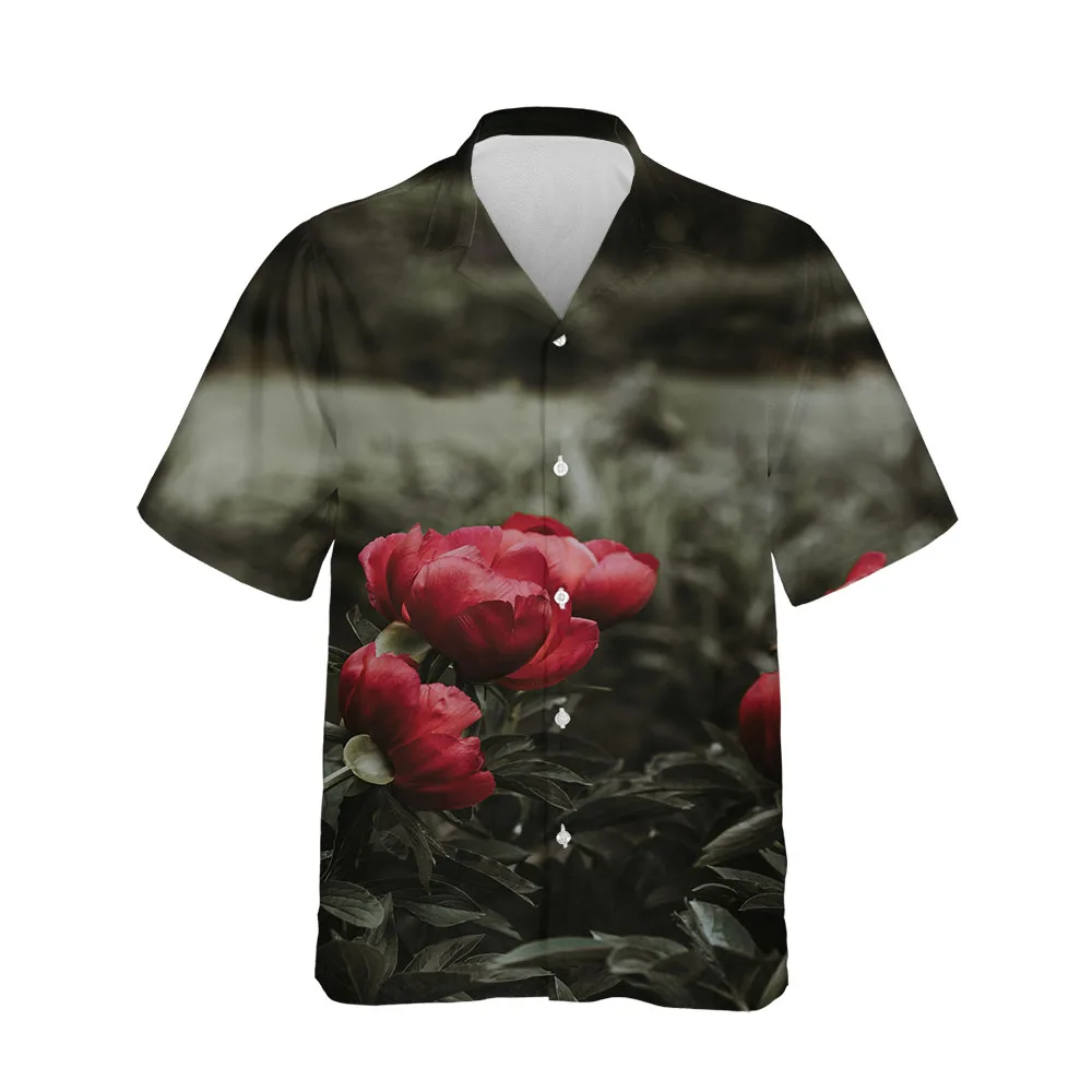 Jumeast Peony Flower Blouses Printing Pattern Summer Short Sleeve Mens Shirt Single Breasted Oversized Shirts For Men Streetwear
