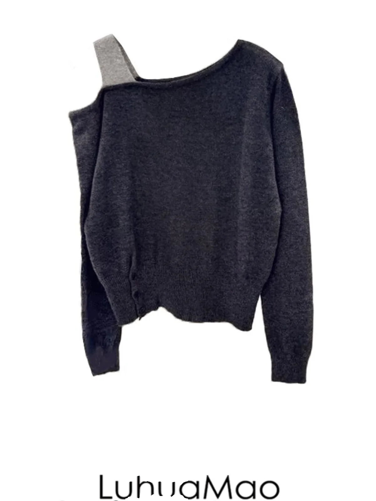 Черный флисовый вязаный женский топ с открытыми плечами Luhuamao ранняя осень 2023