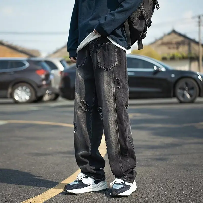 

Мужские джинсы Y2K, Корейская версия, винтажные повседневные брюки, уличные прямые свободные длинные мужские мешковатые джинсовые брюки с широкими штанинами, H85, 2023
