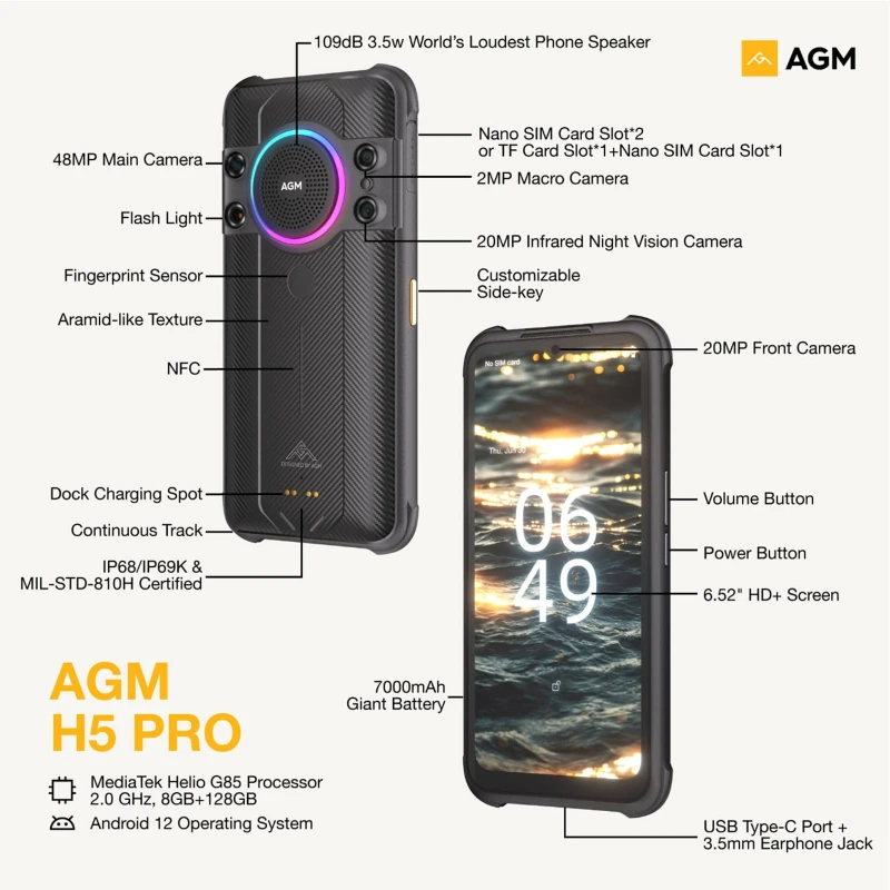 Фото Противоударный смартфон AGM H5PRO, 6.52 дюйма, Android 12, 8+128 ГБ памяти, процессор G85, основная камера 48 МП, водонепроницаемость IP68, аккумулятор 7000 мАч, глобальная версия №5
