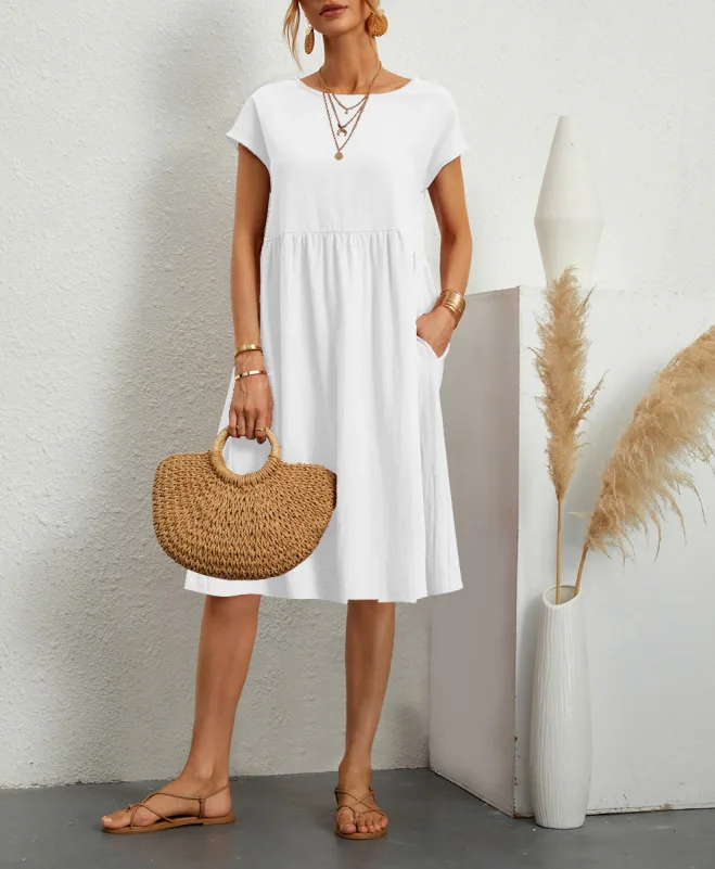 

2022 Summer A-Line Short Sleeve Bohemian Midi Dress Women Elegant Skinny Sexy Cotton Women's Robes Feminine Women