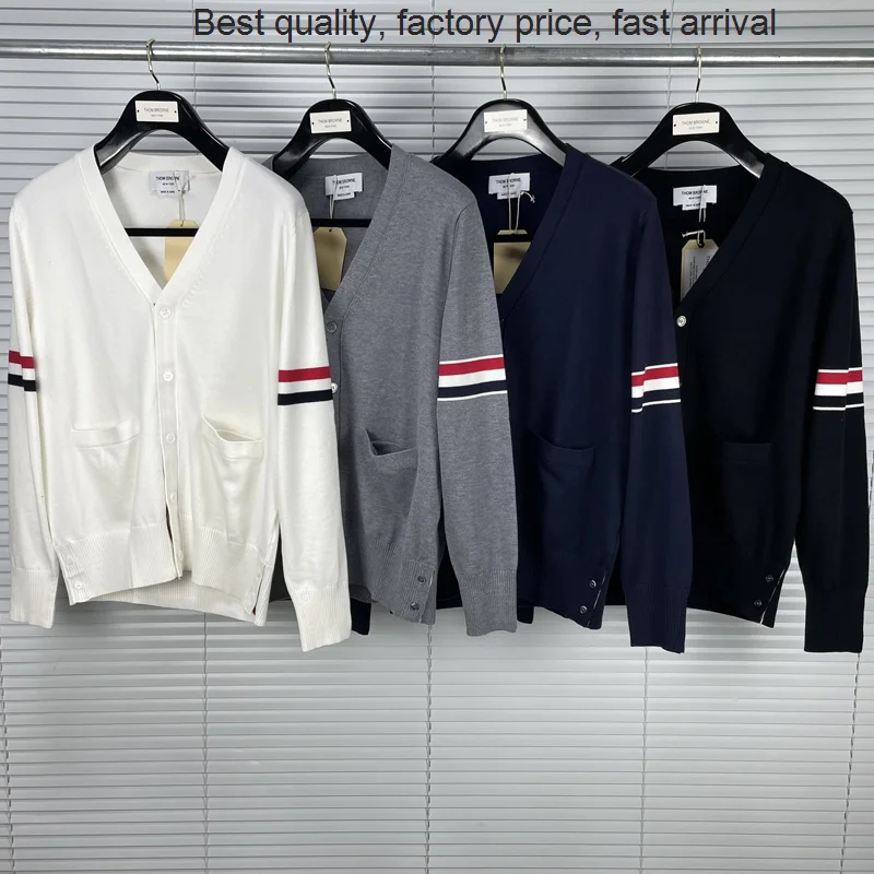 High quality luxury brand 2023 Fashion TB THOM Brand Sweaters Men Slim Fit V-Neck Cardigans Clothing Striped Wool Cotton Spring