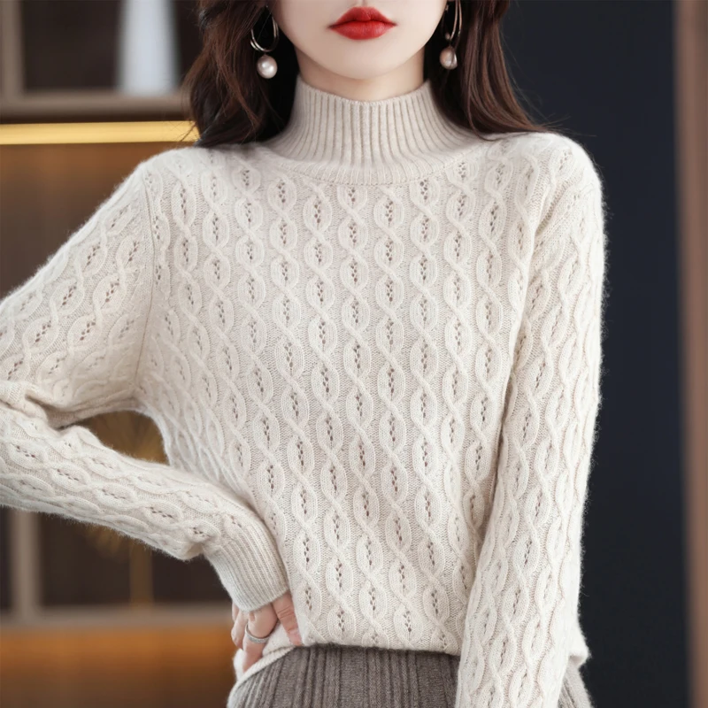 100% Pure Wool Sweater Women's Half High Collar 2022 Autumn and Winter New Cashmere Sweater Pullover Loose Knit Bottoming