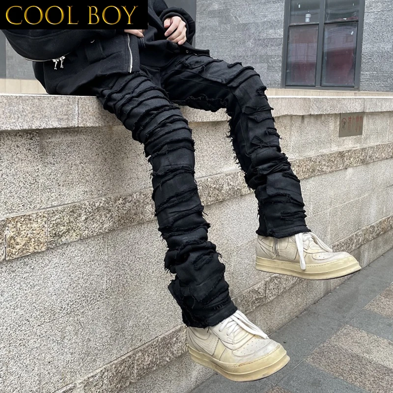 E BOY Heavy Industry Hole Frayed Destruction Waxed Jeans Mens High Street Retro Straight Ripped Pants Oversize Denim Trousers