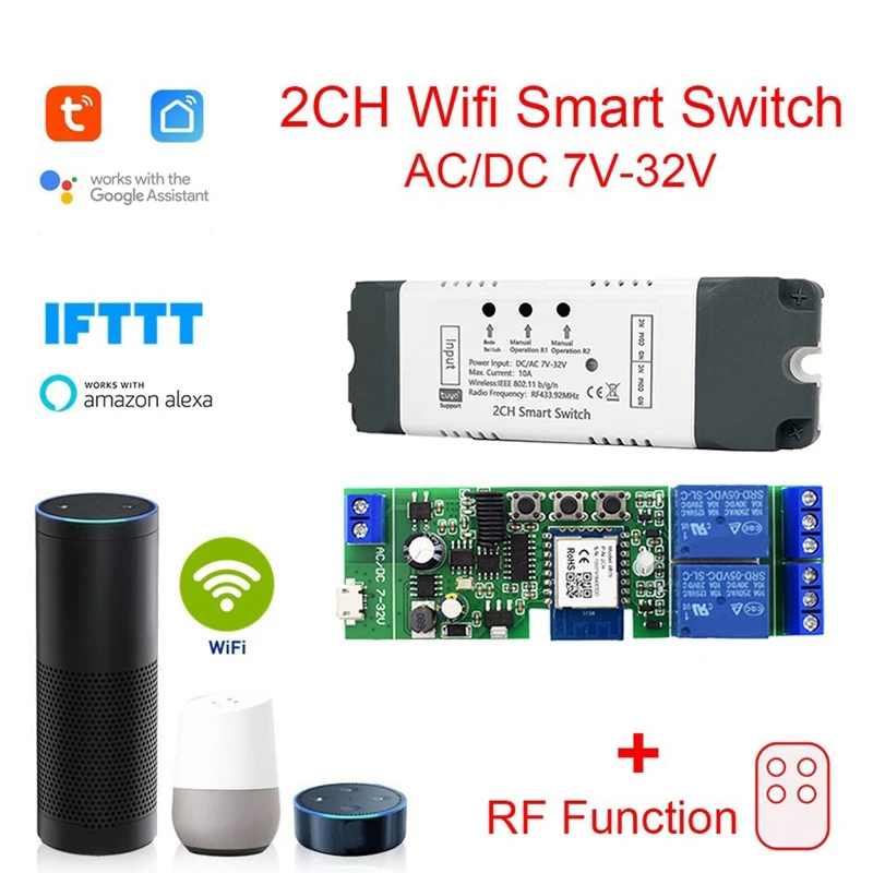 Фото 1 шт. релейный модуль переключателя Wi-Fi Tuya, 2 канала, переменный/постоянный ток, 7-32 В, RF/APP, беспроводной пульт дистанционного управления, умный дом для Alexa, Google Home №1
