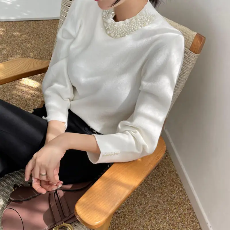 Корейские Элегантные вязаные пуловеры свитер вязаная одежда с бусинами и ложным