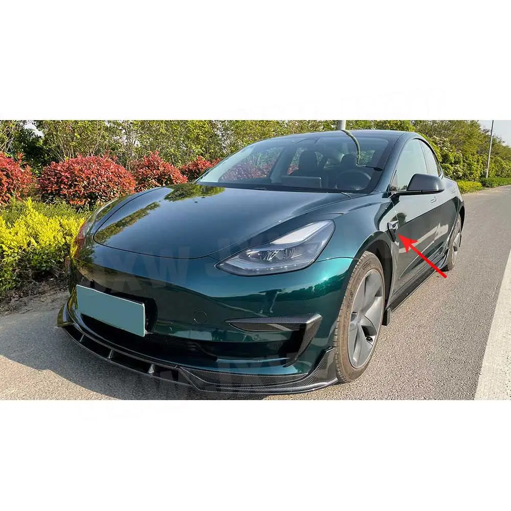 Фото Накладки на передний бампер JXWANCF для Tesla Model 3, аэродинамические канарды, карбоновый дизайн/глянцевый черный цвет, ABS-пластик. №3