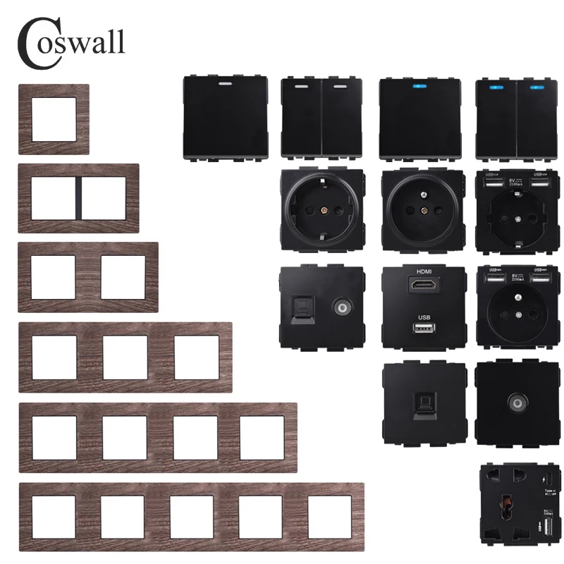 COSWALL L1 Series Wood Grain Aluminum Metal Panel Wall Switch EU French Socket HDMI-compatible USB Charger TV RJ45 Modules DIY
