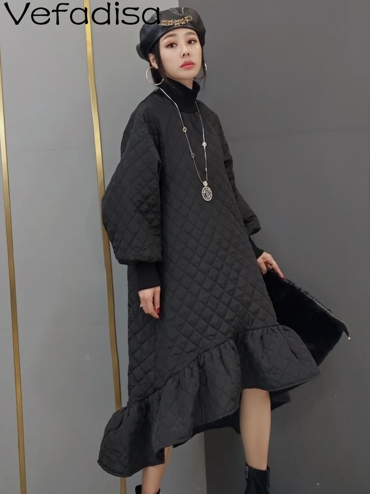 

Vefadisa 2023 Autumn Fashino Turtleneck Pullover Parkas Loose Mid-length Diamond Splicing Ruffle Irregular Dress Women's LHX3741