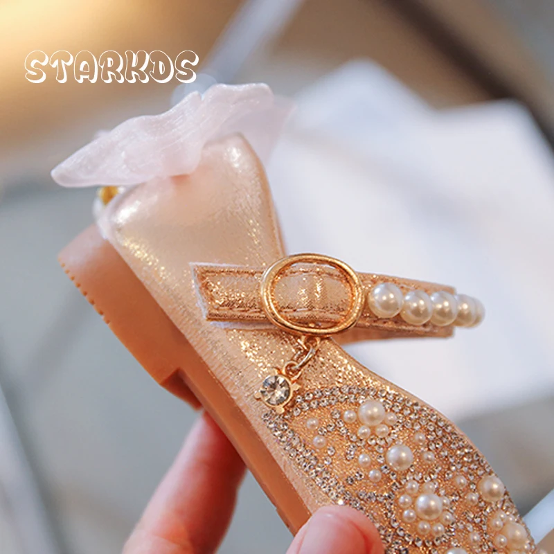 Spring Autumn Girls Shoes Princess Lace Bow Pearl Mary Janes Children Shiny Rhinestone Ballet Flat Baby Wedding Party Chaussures enlarge