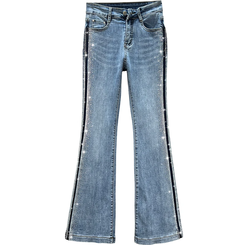 Rhinestone Jeans Women's Fashion Spring Clothing 2022 New Elastic High Waist Slim Bell-Bottom Pants Girls Lady Skinny Jeans