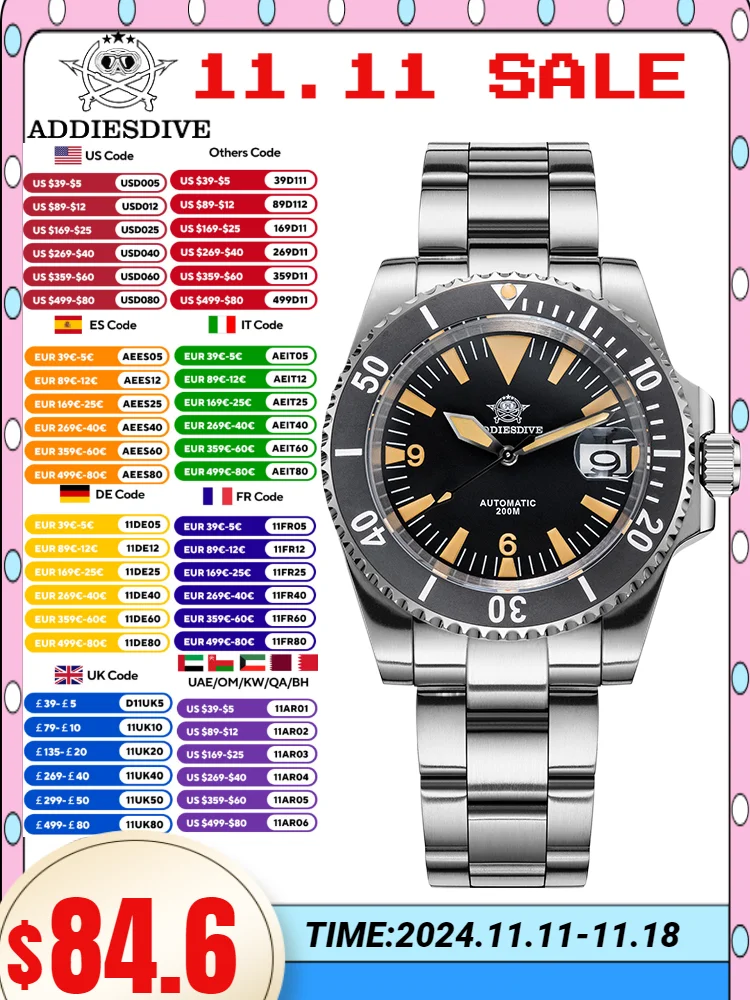 ADDIESDIVE часы для мужчин с сапфировым стеклом 200 м дата дайвинга нержавеющая сталь