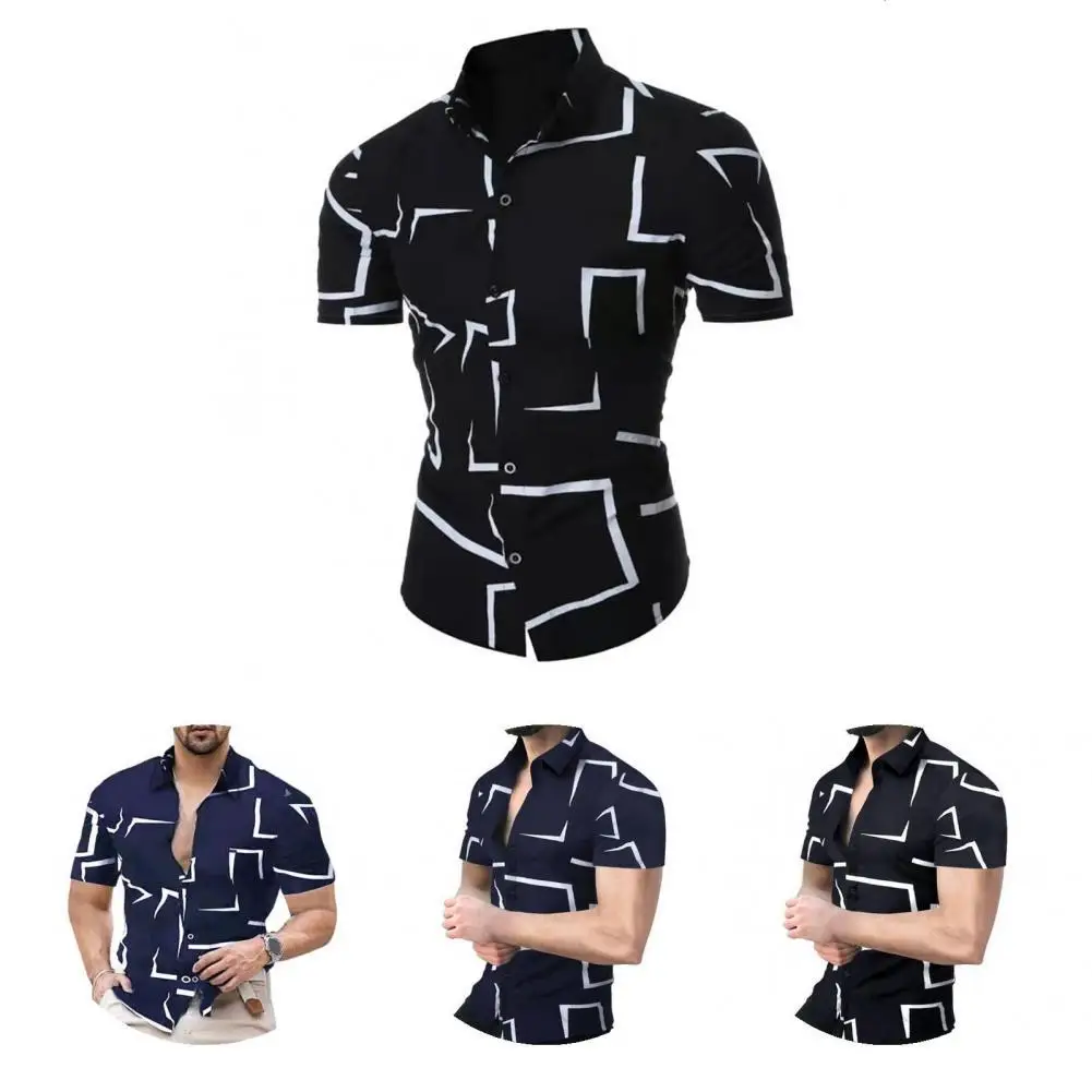 

Short Sleeve Great Lapel Summer Top Button Men Shirt Geometric Print for Work