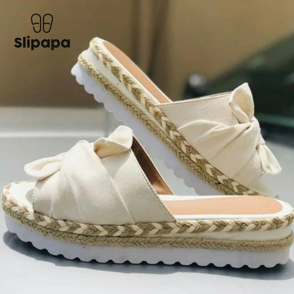 

Women Summer Slippers Platform Wedges Mid Heels Sandals Fashion Bow Tie Open Toe Slides Outdoor Beach Walking Ladies Shoes