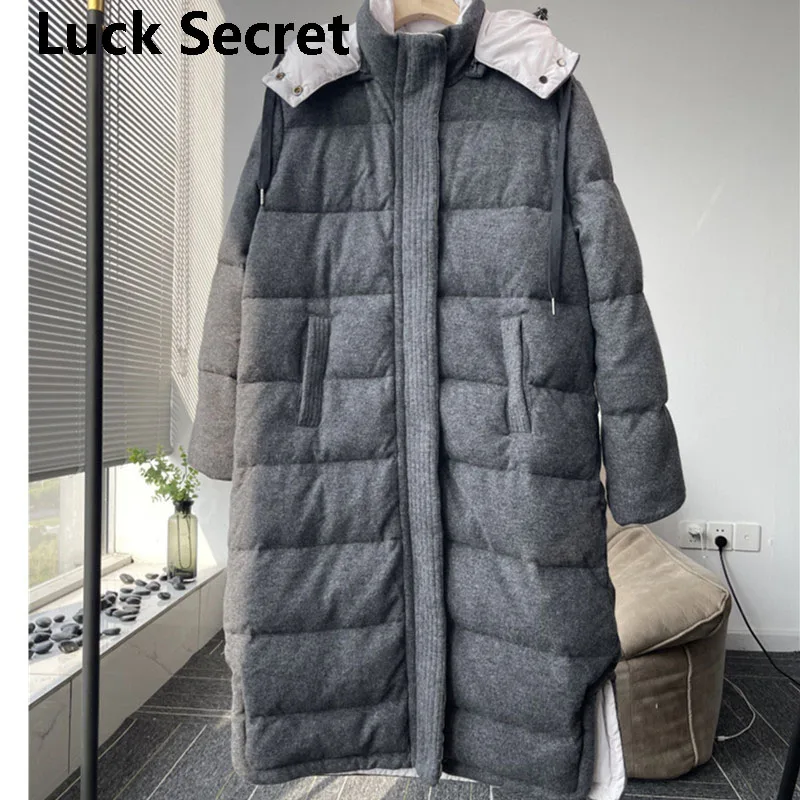 long down jacket for women Cashmere long cap thickens to keep warm White Velvet women's coats on offer with free shipping