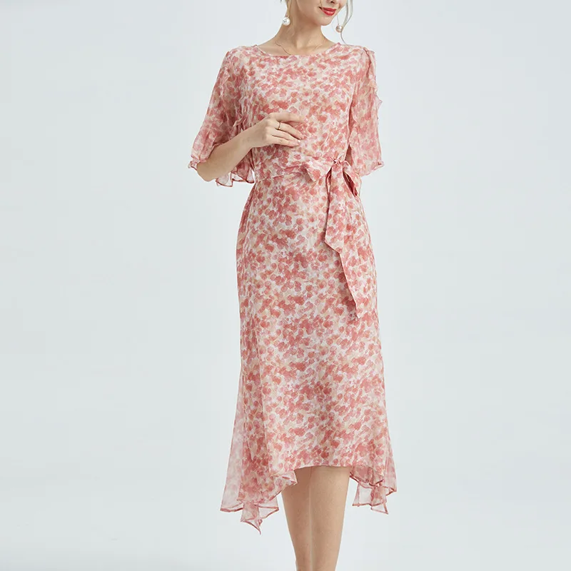 

Женская летняя юбка с цветочным принтом, свободная тонкая юбка большого размера из натурального шелка с круглым вырезом и разрезом, 2023