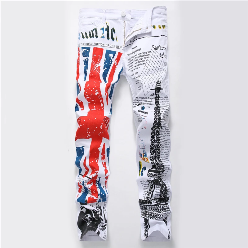2022 fashion stylish cool mens pants jeans with print graffiti painted denim slim fit white jeans men hip hop rock street wear